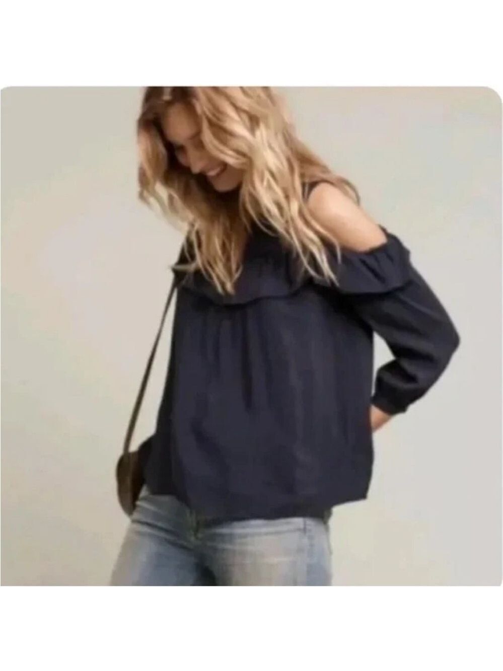 Maeve Anthropologie Cold Shoulder Top Black Ruffled Long Sleeve Blouse Size 6